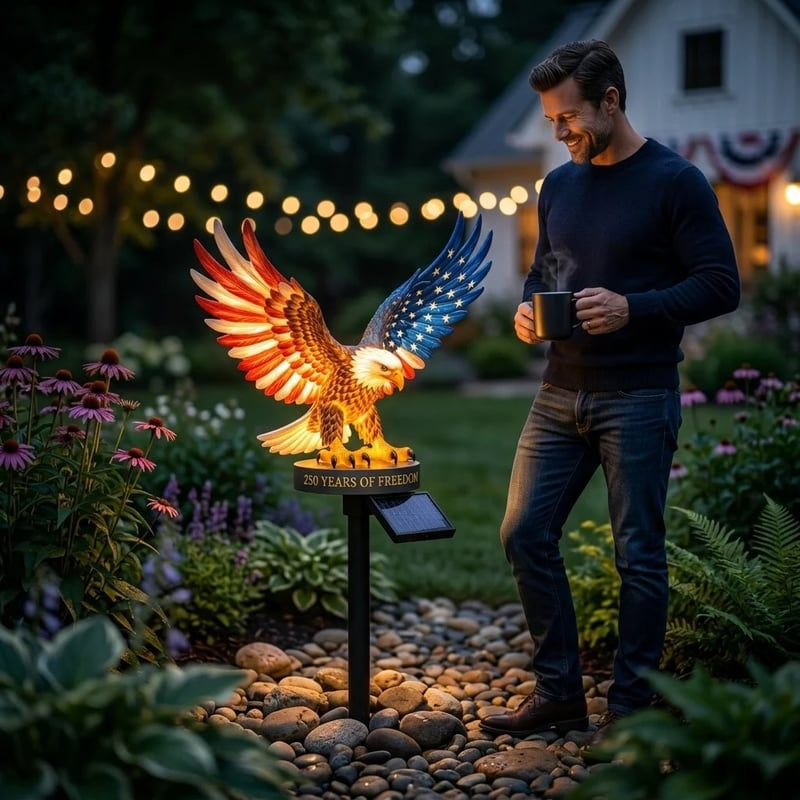 Solar Eagle Garden Light glowing at night